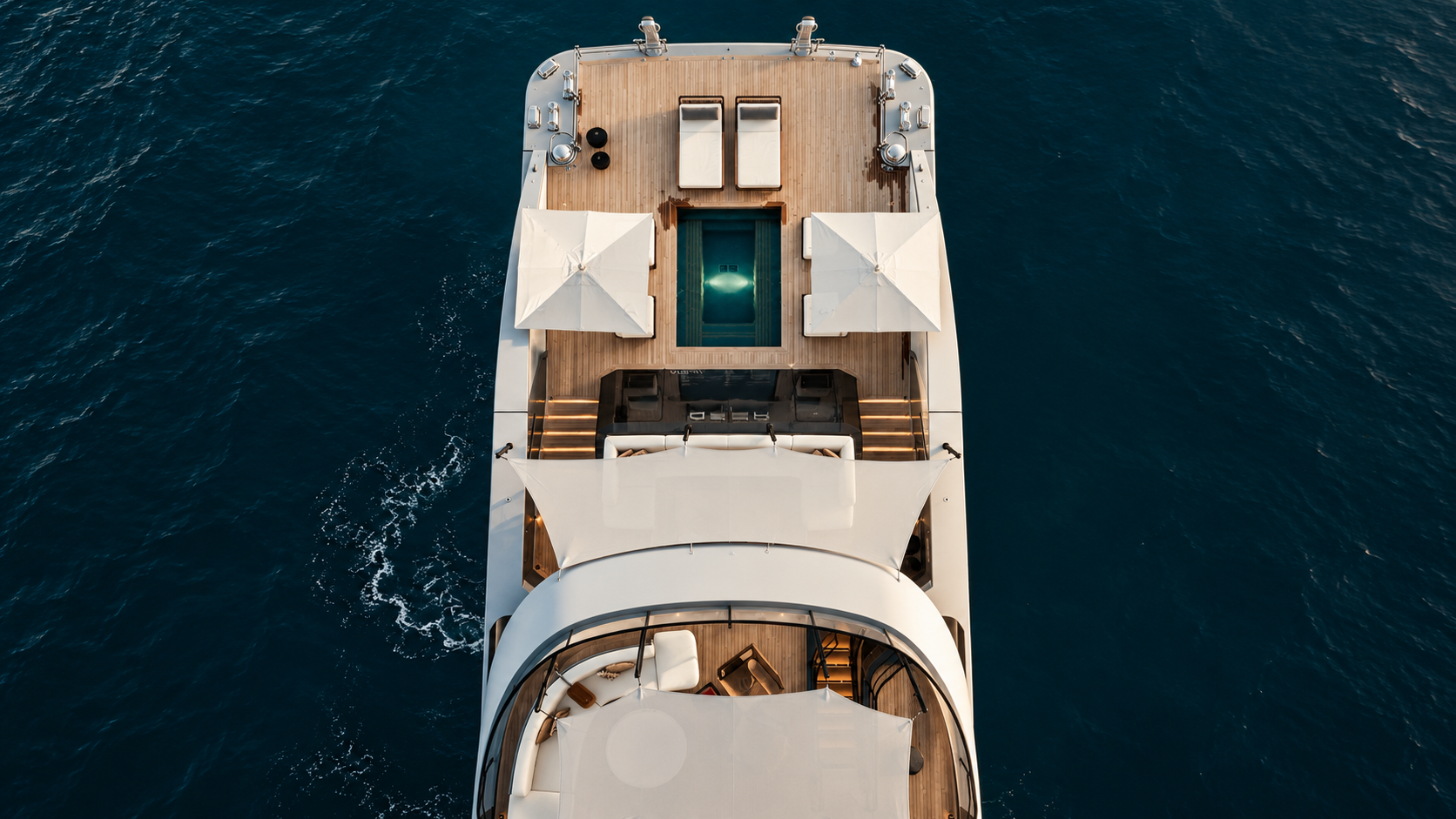 Aerial view across the deck of a private yacht